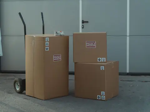 Three cardboard boxes stacked on a hand truck